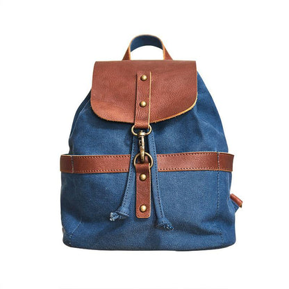 Canvas Leather Mens Womens Backpack Travel Backpack Blue Satchel Rucksack Canvas School Backpack for Men Women