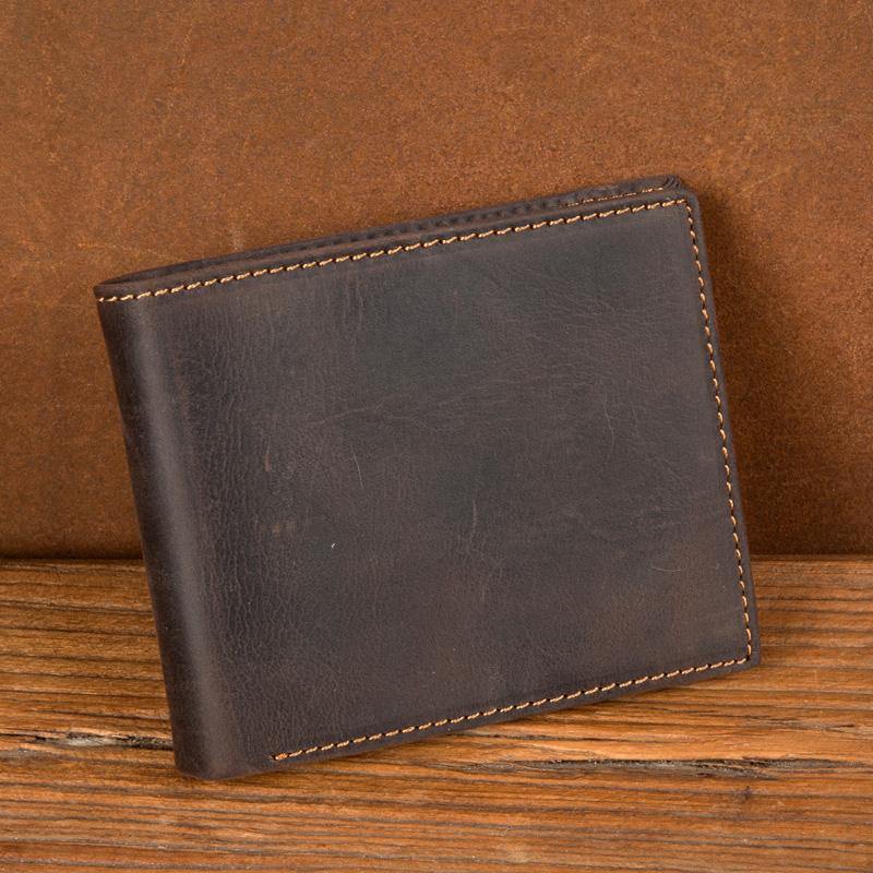 Cool Brown Leather Mens Bifold Small Wallet Thin Front Pocket Wallet Trifold billfold Wallet for Men