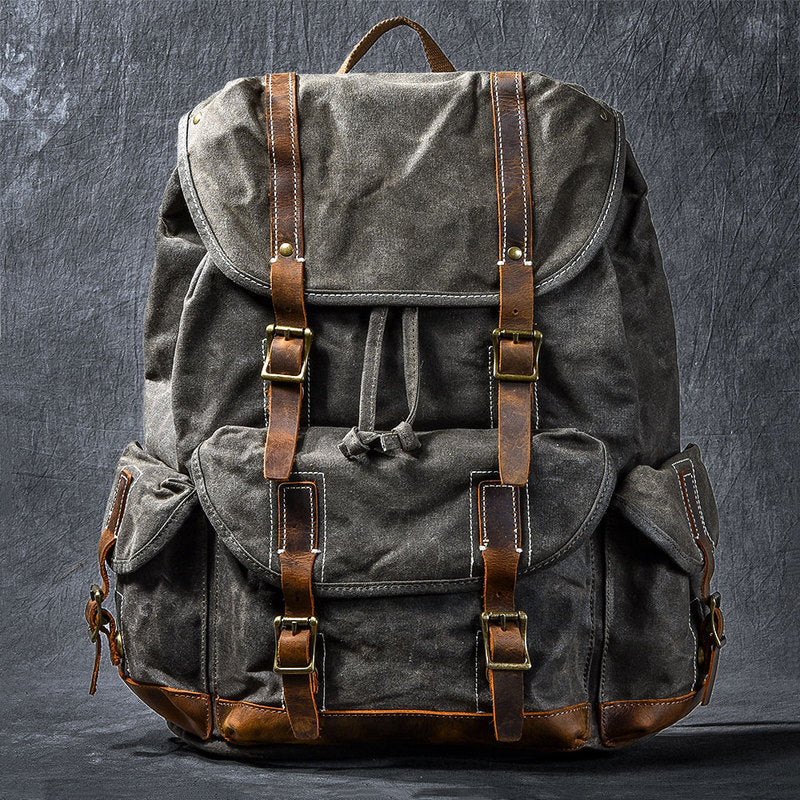 Waxed Canvas Leather Mens Womens 16' Khaki Backpack Green Travel Backpack College Backpack for Men