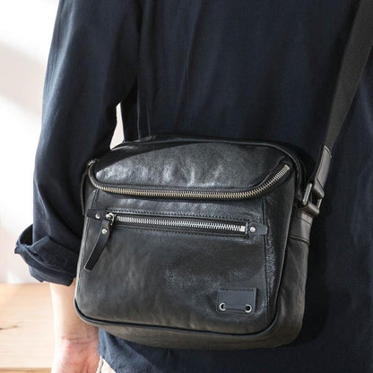 Casual Black Leather Mens 10 inches Postman Bag Black Courier Bag Messenger Bags Side Bag for Men