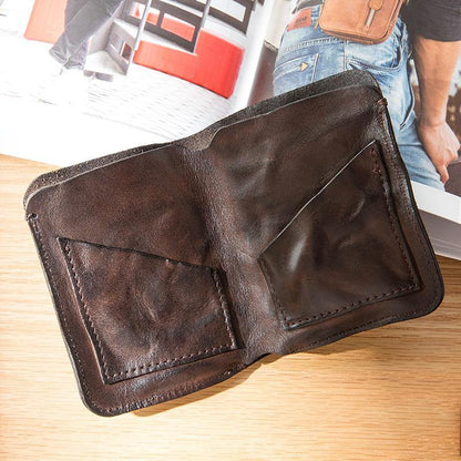 Dark Brown Wrinkled Leather Mens Front Pocket Card Wallets Bifold Vintage billfold Wallet Small Wallet for Men