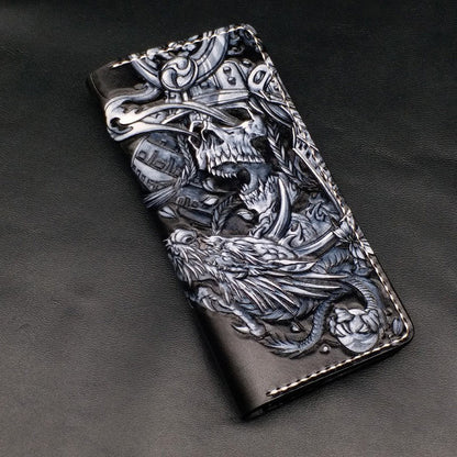 Black Handmade Tooled Japanese Samurai Skull Leather Mens Long Wallet Bifold Long Wallet For Men