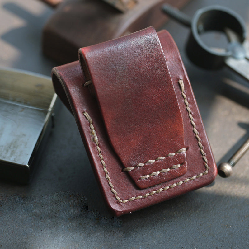 Red Brown Handmade Leather Mens Zippo Lighter Case With Belt Loop Cool Standard Zippo Lighter Holders For Men