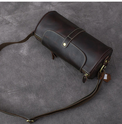 Leather Mens Vintage Brown Side Bag Barrel Messenger Bag Small Bucket Bag For Men