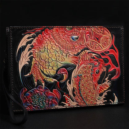 Black Handmade Tooled Leather Double Carps Clutch Wallet Wristlet Bag Clutch Purse For Men