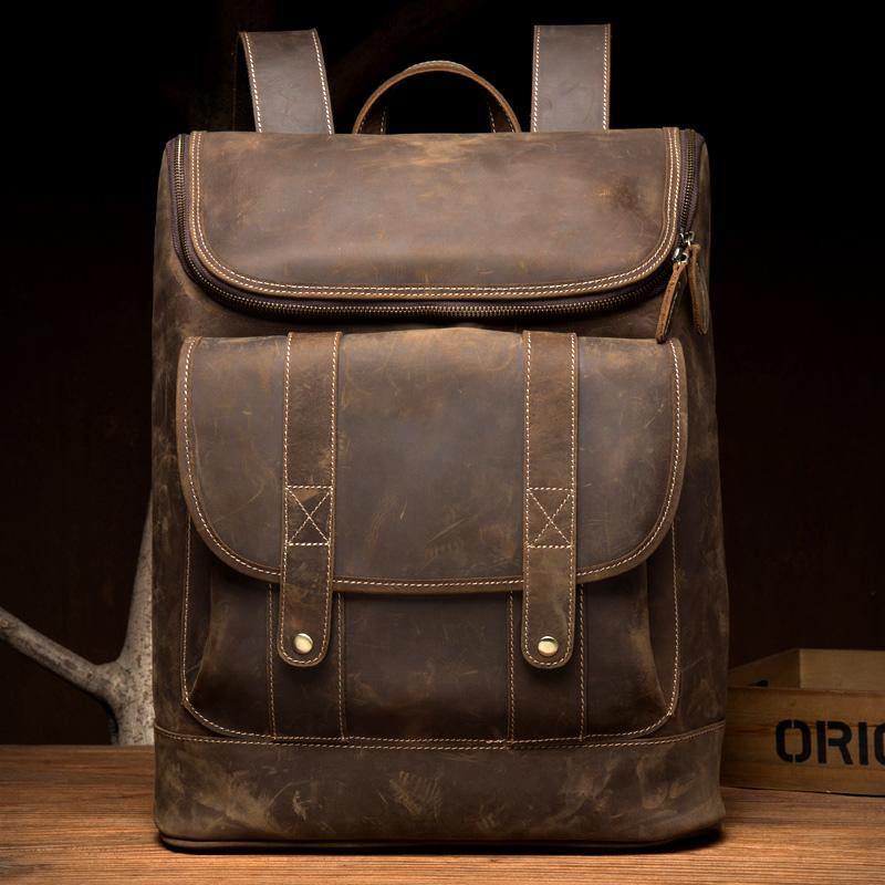 Casual Brown Mens Leather 15-inch Computer Backpacks Brown Travel Backpack School Backpacks for men