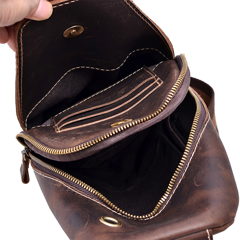 Casual Dark Brown Leather Mens Sling Pack Sling Bags Chest Bags One Shoulder Backpack for Men