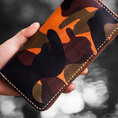 Handmade Leather Men Camouflage Cool Leather Wallet Long Phone Clutch Wallets for Men