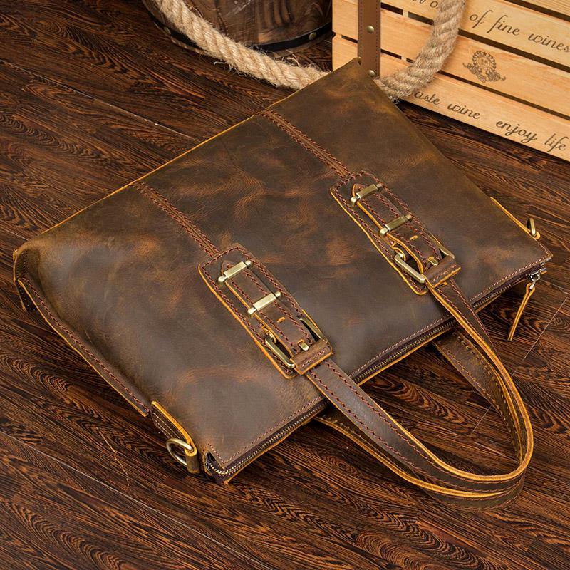 Vintage Brown Leather Mens 15 inches Briefcase Laptop Bag Business Bags Work Bags for Men