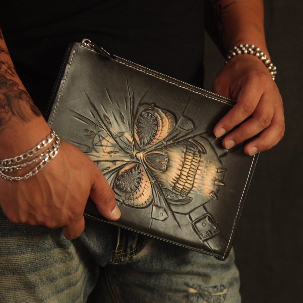 Cool Handmade Tooled Leather Tan Floral Clutch Wallet Wristlet Bag Clutch Purse For Men