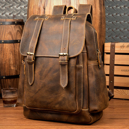 Dark Brown Fashion Mens Leather 15-inch Brown Computer Backpacks Brown Travel Backpacks School Backpacks for men