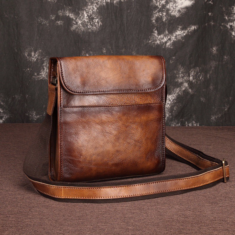 Vintage Brown Leather Men's Small Vertical Messenger Bag Side Bag Courier Bag For Men