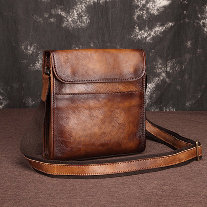 Vintage Brown Leather Men's Small Vertical Messenger Bag Side Bag Courier Bag For Men