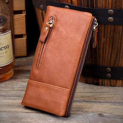 Black Cool Mens Leather long Wallet Brown Leather Zipper Wallet Long Wallets Clutch for Men