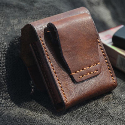 Cool Handmade Brown Leather Mens Zippo Cigarette Case with Lighter Holder Belt Loop for Men