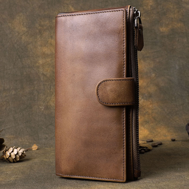 Brown Cool Leather Mens Long Wallet Phone Card Wallet Bifold Clutch Wallet for Men