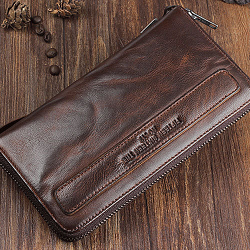 [On Sale]Genuine Leather Mens Cool Long Leather Wallet Zipper Wristlet Clutch Wallet