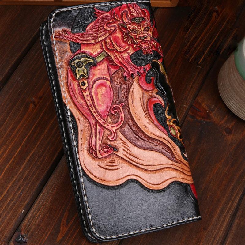 Handmade Leather Mens Clutch Wallet Tooled Cool Monster Wallet Long Zipper Wallets for Men