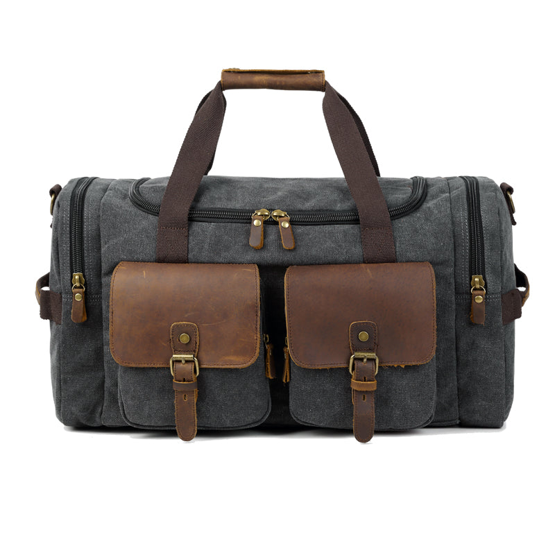 Canvas Leather Mens Large Black Weekender Bag Gray Duffle Bag Luggage Bag for Men