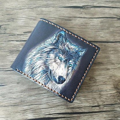 Handmade Black Tooled Leather Kitten Wolf Bifold billfold Wallet Small Wallet For Men