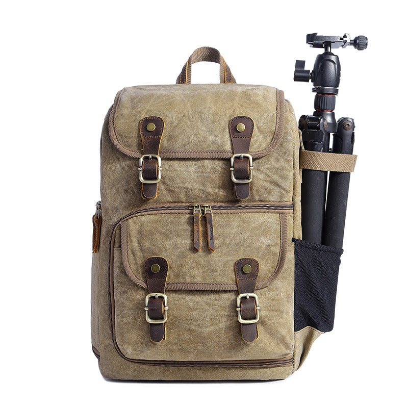 Khaki Canvas Waterproof Mens 15'' Canon Camera Backpack Large Nikon DSLR Camera Bag For Men