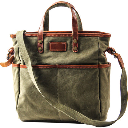 Canvas Leather Mens Side Bag Army Green 12'' Tote Postman Bag Messenger Bag for Men