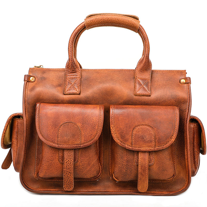 Vintage Light Brown Mens Leather Briefcase Work Handbag Brown 13'' Computer Briefcase For Men