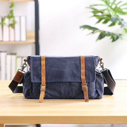 Waxed Canvas Leather Mens Waterproof 10'' Side Bag Courier Bag Blue Messenger Bag For Men