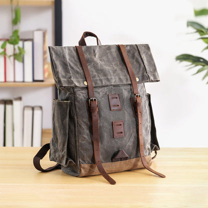 Waxed Canvas Leather Mens 16¡®¡¯ Army Green Backpack Travel Backpack Gray Hiking Backpack for Men