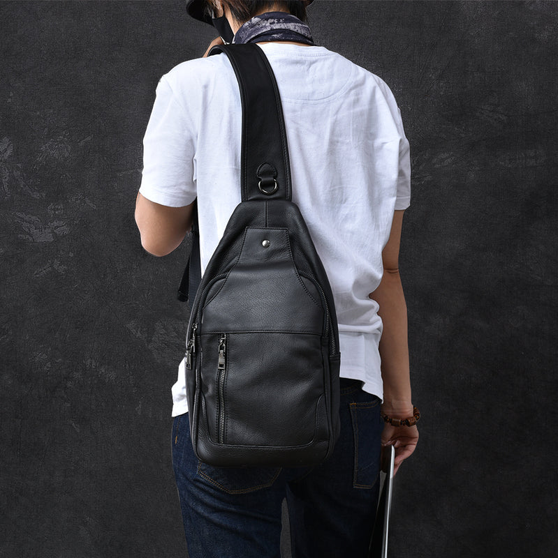 Cool Leather Mens 10' Black Sling Bag Chest Bag One Shoulder Backpack for Men