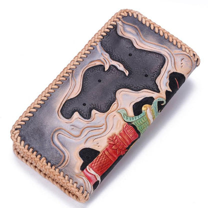 Handmade Leather Mens Clutch Wallet Cool Carp Tooled Wallet Long Zipper Wallets for Men