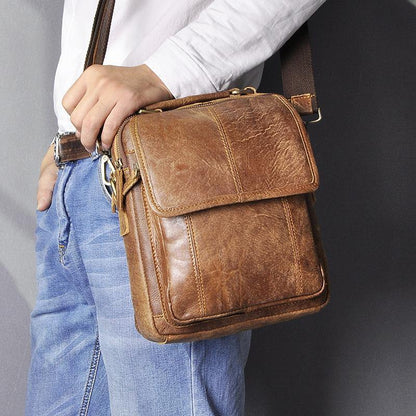 Leather Mens Vertical Side Bag Small Courier Bag Brown Vertical Handbag Messenger Bag For Men