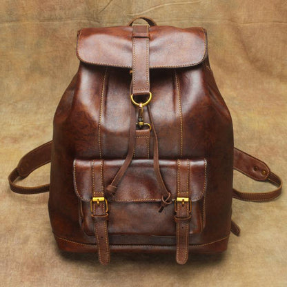 Casual Black Leather Men's Backpack College Backpack Brown 14inch Laptop Backpack For Men and Women