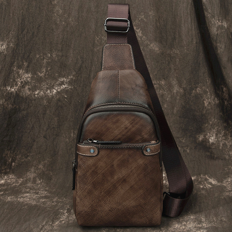 Vintage Brown LEATHER MENS One Shoulder Backpack Cool Chest Bag SLing Bag For Men