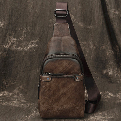 Vintage Brown LEATHER MENS One Shoulder Backpack Cool Chest Bag SLing Bag For Men