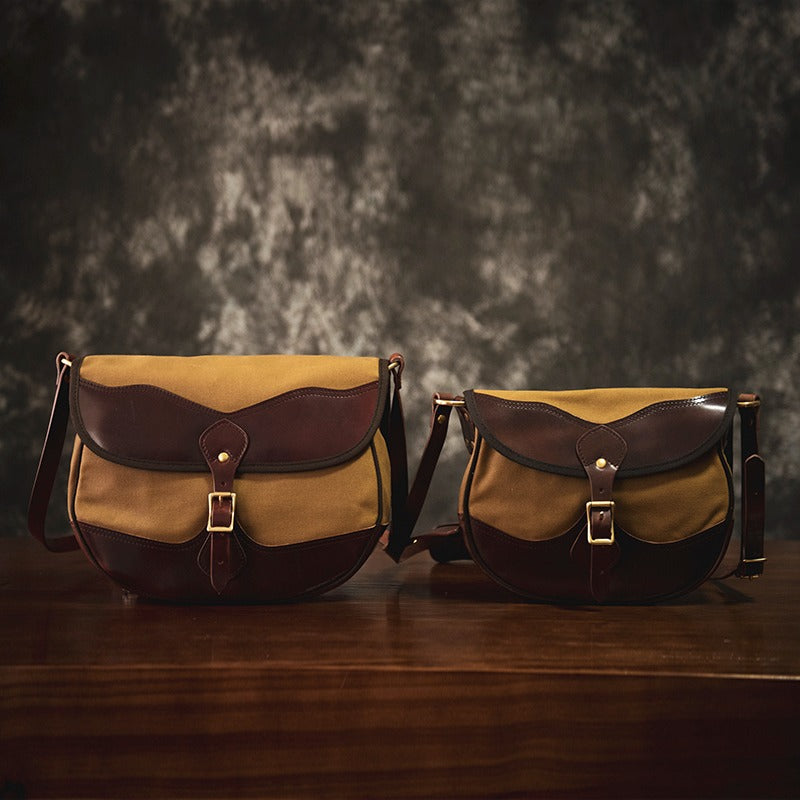 Mens Khaki Canvas Leather Saddle Side Bag Saddle Messenger Bag For Men