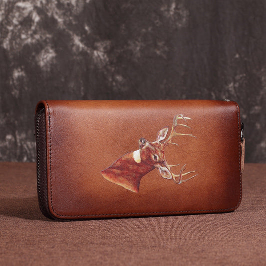 Brown Vintage Deer Wallet Leather Mens Womens Gray Long Wallet Zipper Clutch Wallet For Men