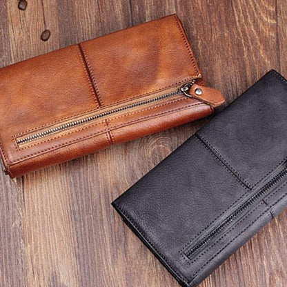 Handmade Leather Mens Cool Long Leather Wallet Bifold Clutch Wallet for Men