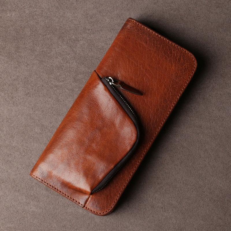 Genuine Leather Mens Cool Long Leather Wallet Cards Phone Zipper Clutch Wristlet Wallet for Men