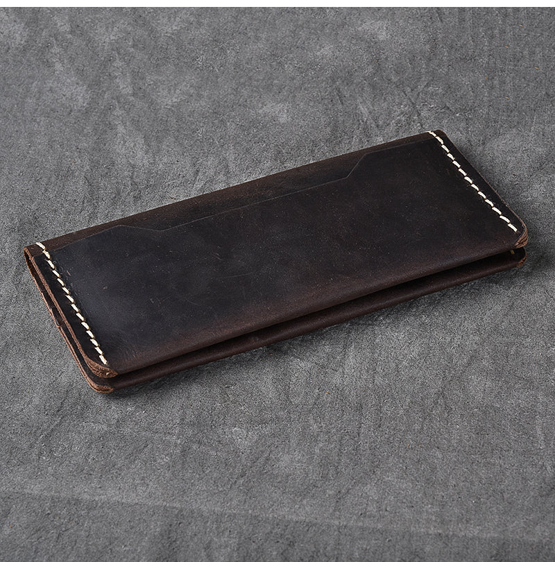 Dark Brown Leather Mens Long Wallet Bifold Brown Clutch Long Wallet For Men