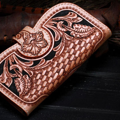 Handmade Leather Tooled Floral Mens Clutch Wallet Cool Wallet Long Wallets for Men Women