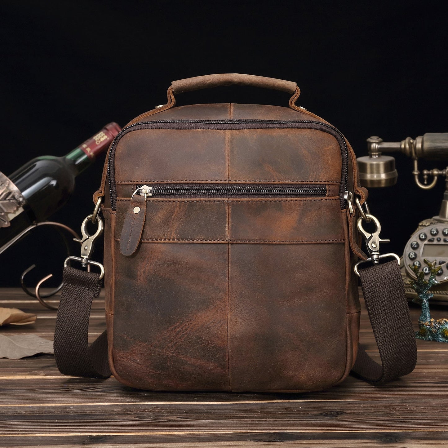 Leather Mens Courier Bag Vertical Shoulder Bag Dark Brown Side Bag Messenger Bag For Men