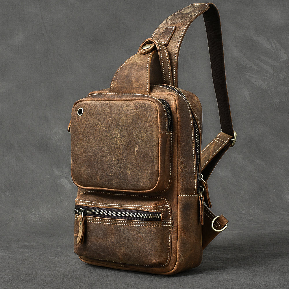 Cool Leather Mens 10' Brown Sling Bag Chest Bag Dark Coffee One Shoulder Backpack for Men