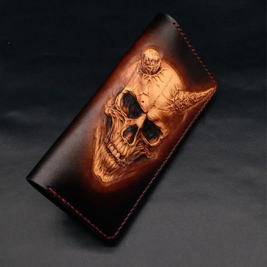 Dark Coffee Handmade Tooled Death Skull with Horn Leather Mens Bifold Long Wallet Clutch For Men