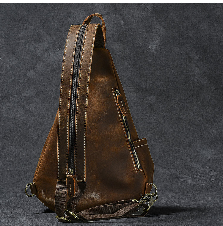 Vintage Leather Mens 16' Backpack Sling Bag Brown Chest Bag One Shoulder Backpack for Men