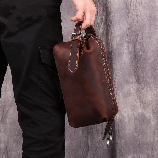 Cool Brown Leather Men's Red Brown Storage Bag Clutch Bag Portable Bag Mini Handbag for Men