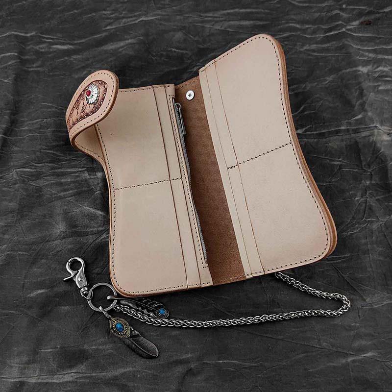 Handmade Beige Tooled Leather Men's Bifold Long Wallet Cool Biker Chain Wallet For Men