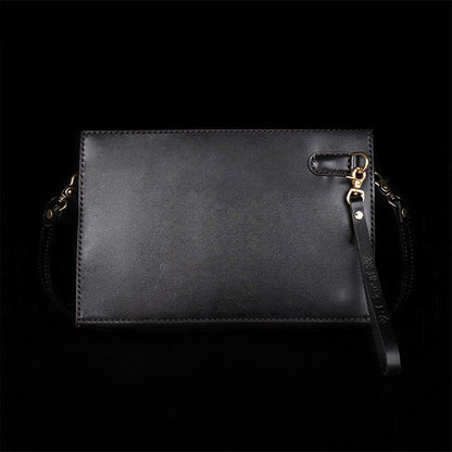 Handmade Black Tooled Dragon Carp Leather Messenger Bag Side Bag Clutch Wristlet Bag For Men