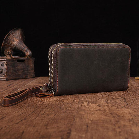 Cool Leather MensLong Wallet Double Zipper Clutch Wallet Wristlet Wallet