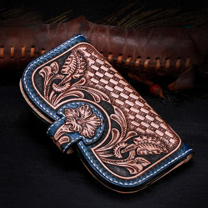 Handmade Leather Tooled Floral Mens Clutch Wallet Cool Wallet Long Wallets for Men Women